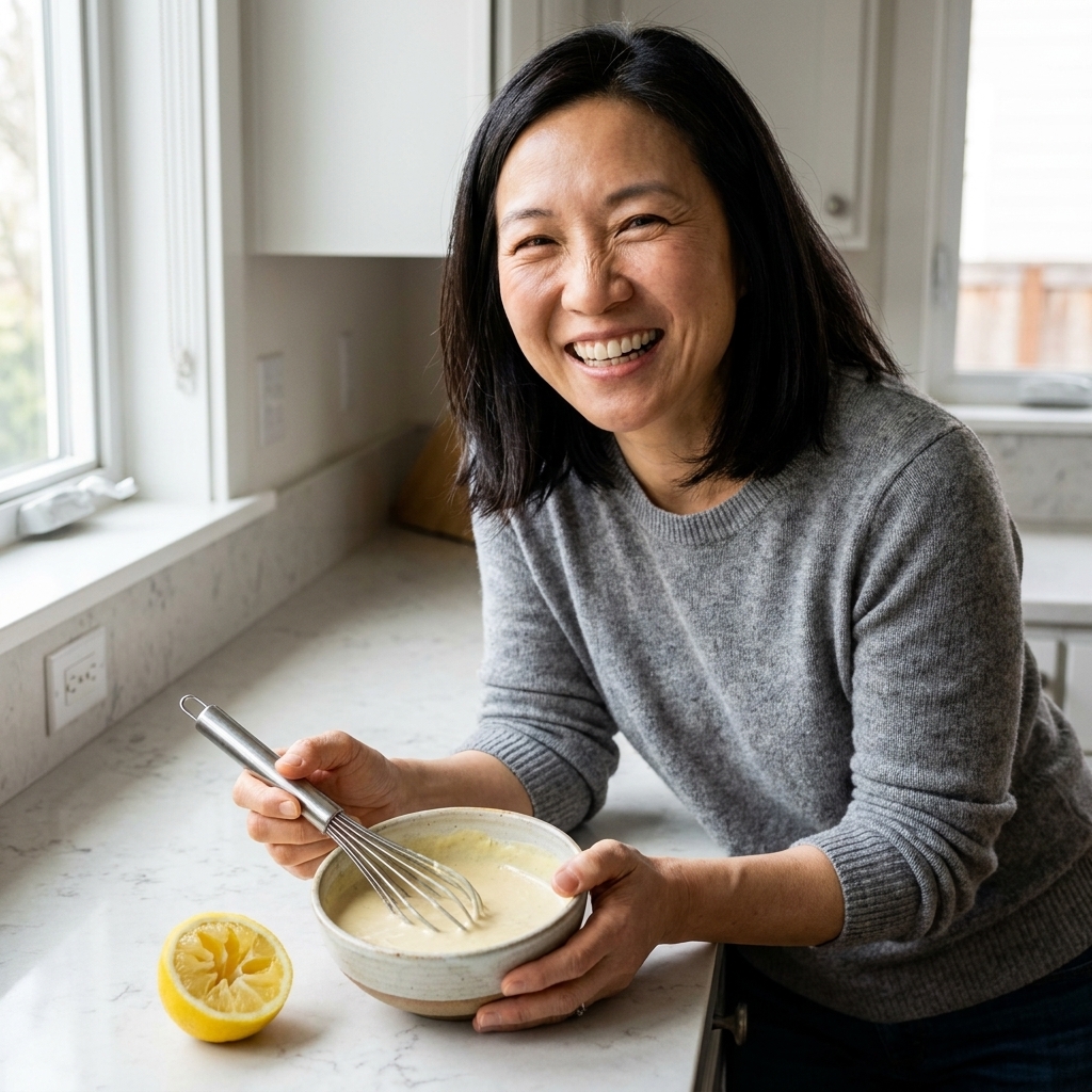 A small bowl of creamy lemon tahini sauce with a whisk and a lemon half on a countertop