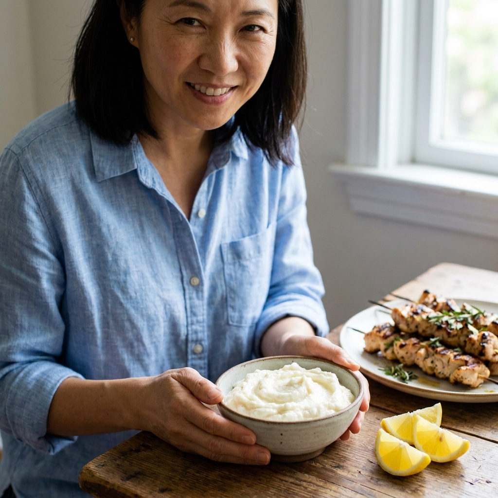 A small bowl of fluffy white toum garlic sauce with lemon wedges and grilled chicken in the background
