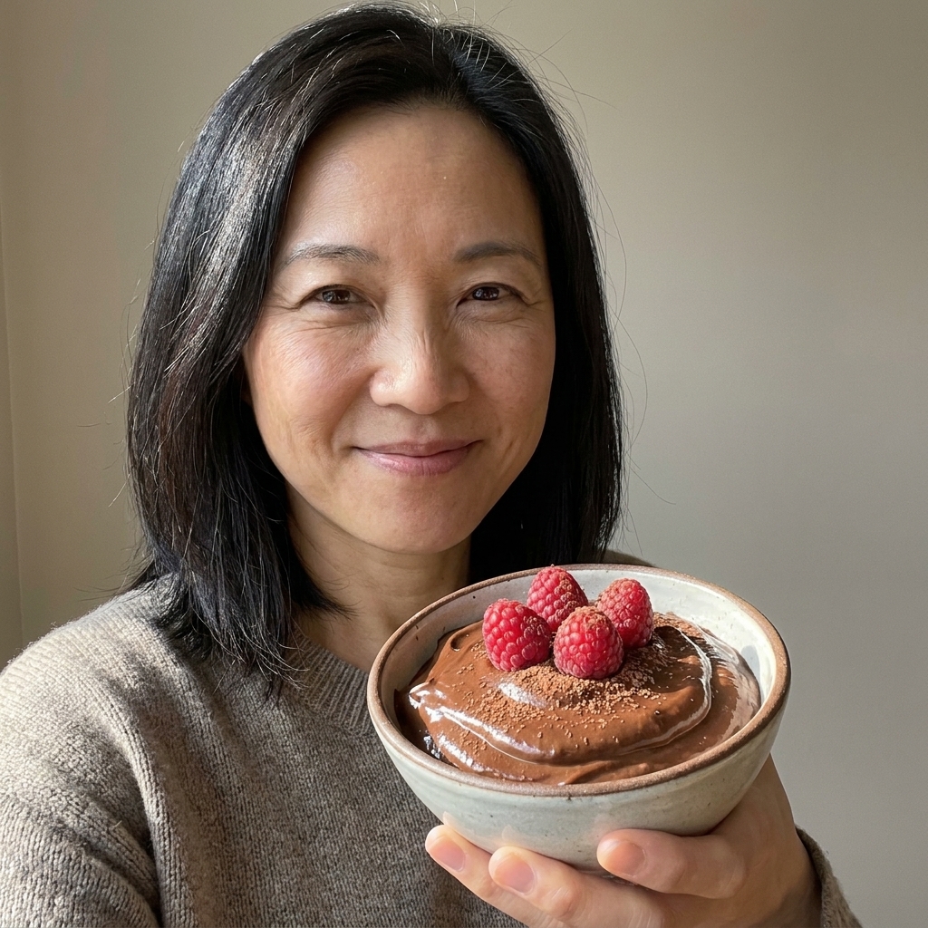 A small bowl of glossy chocolate avocado mousse topped with raspberries and a sprinkle of cocoa powder
