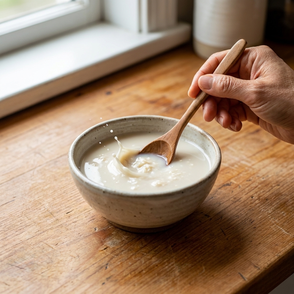 A small bowl of oat milk with a splash of vinegar on a wooden counter, beginning to thicken into vegan buttermilk