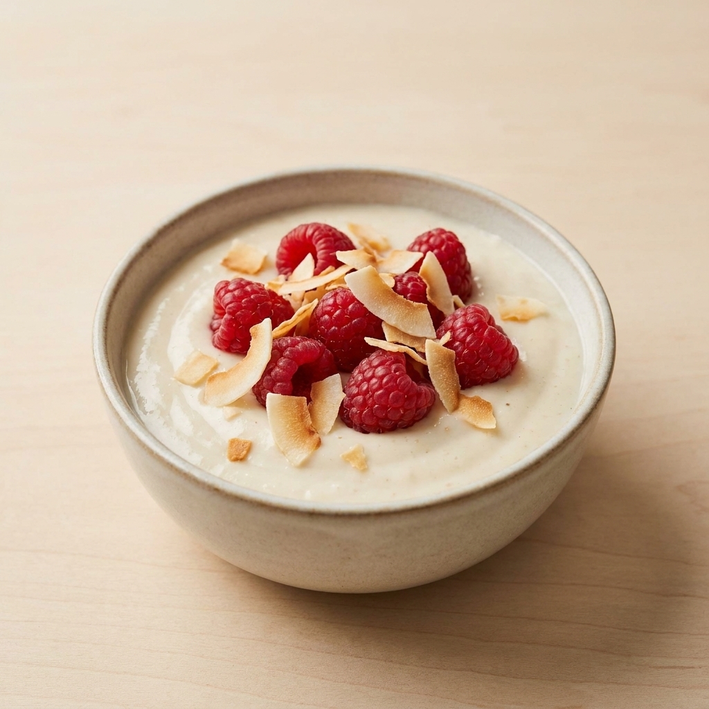 A small bowl of pale vanilla oat milk pudding topped with fresh raspberries and a sprinkle of toasted coconut