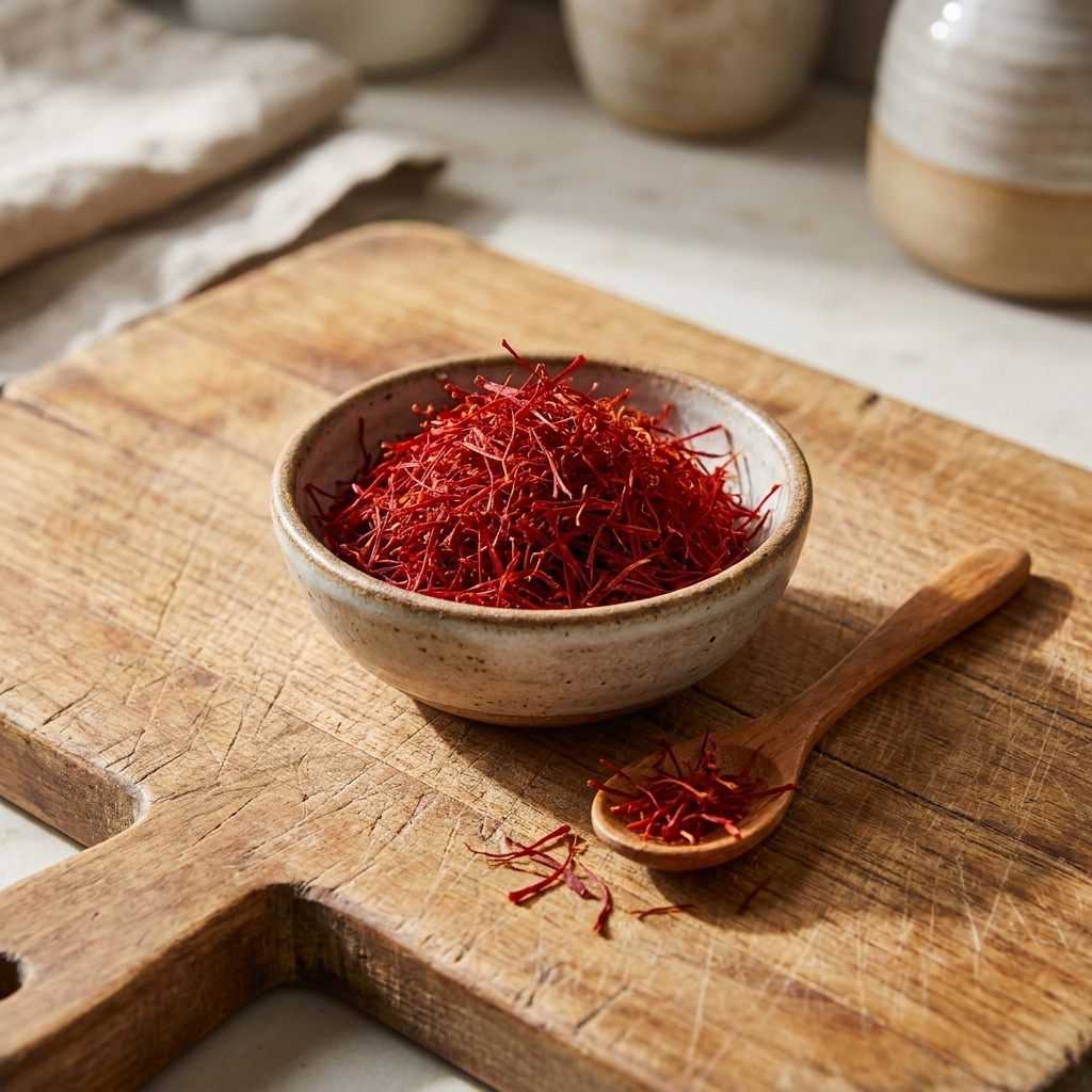 A small ceramic bowl holding vivid red saffron threads on a wooden cutting board beside a spoon