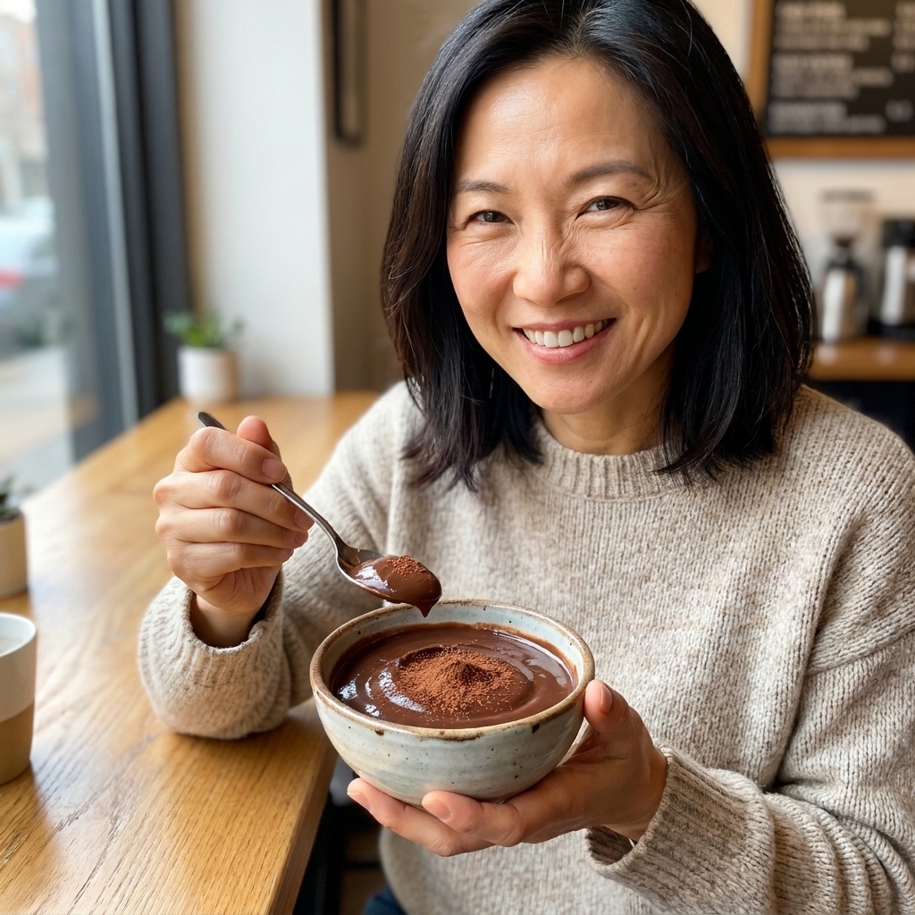 A small ceramic bowl of glossy vegan chocolate pudding with cocoa powder lightly dusted on top