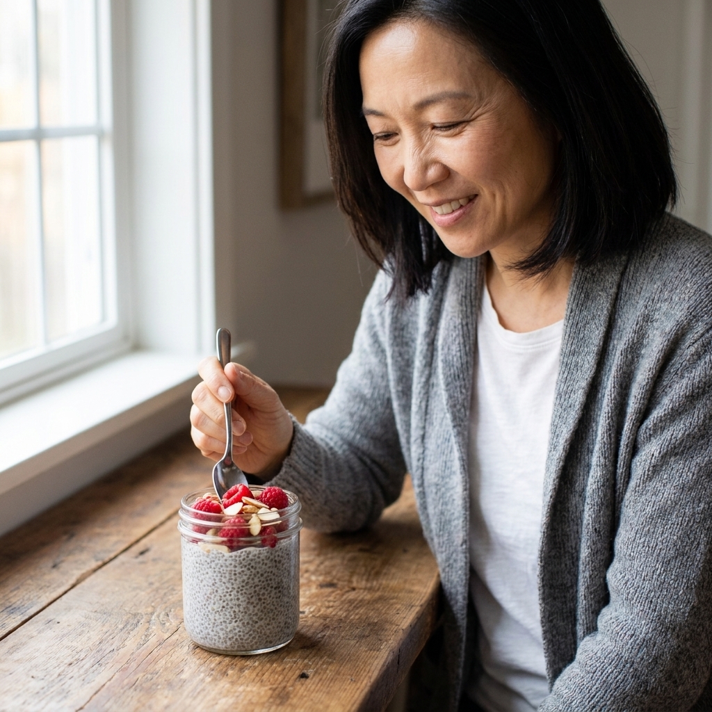 A small glass jar of chia pudding topped with raspberries and sliced almonds on a wooden counter