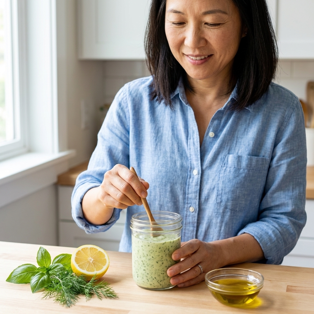 A small glass jar of creamy herb sauce with a spoon, sitting on a kitchen counter next to lemon and fresh herbs