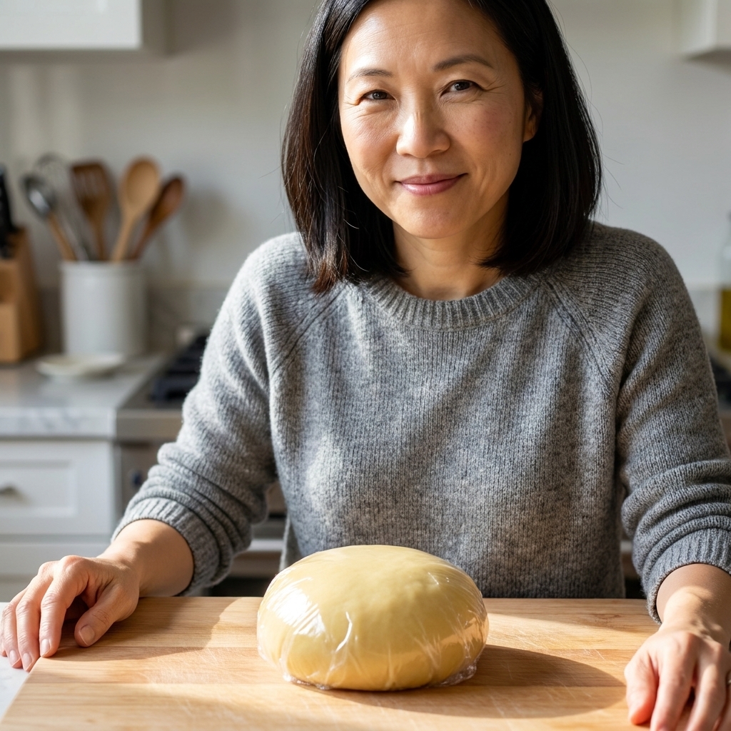 A smooth ball of pasta dough wrapped tightly in plastic wrap resting on a wooden cutting board