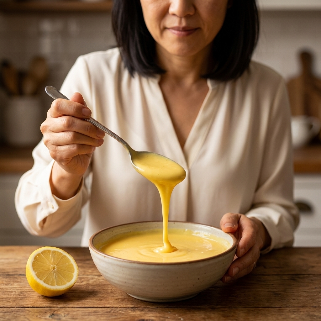 A spoon lifting thick, glossy hollandaise sauce from a bowl, with a warm yellow color and a lemon half nearby