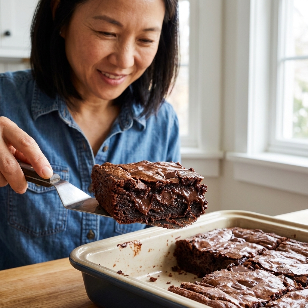 A square of fudgy brownie being lifted from a baking pan with a spatula, showing a dense, moist crumb