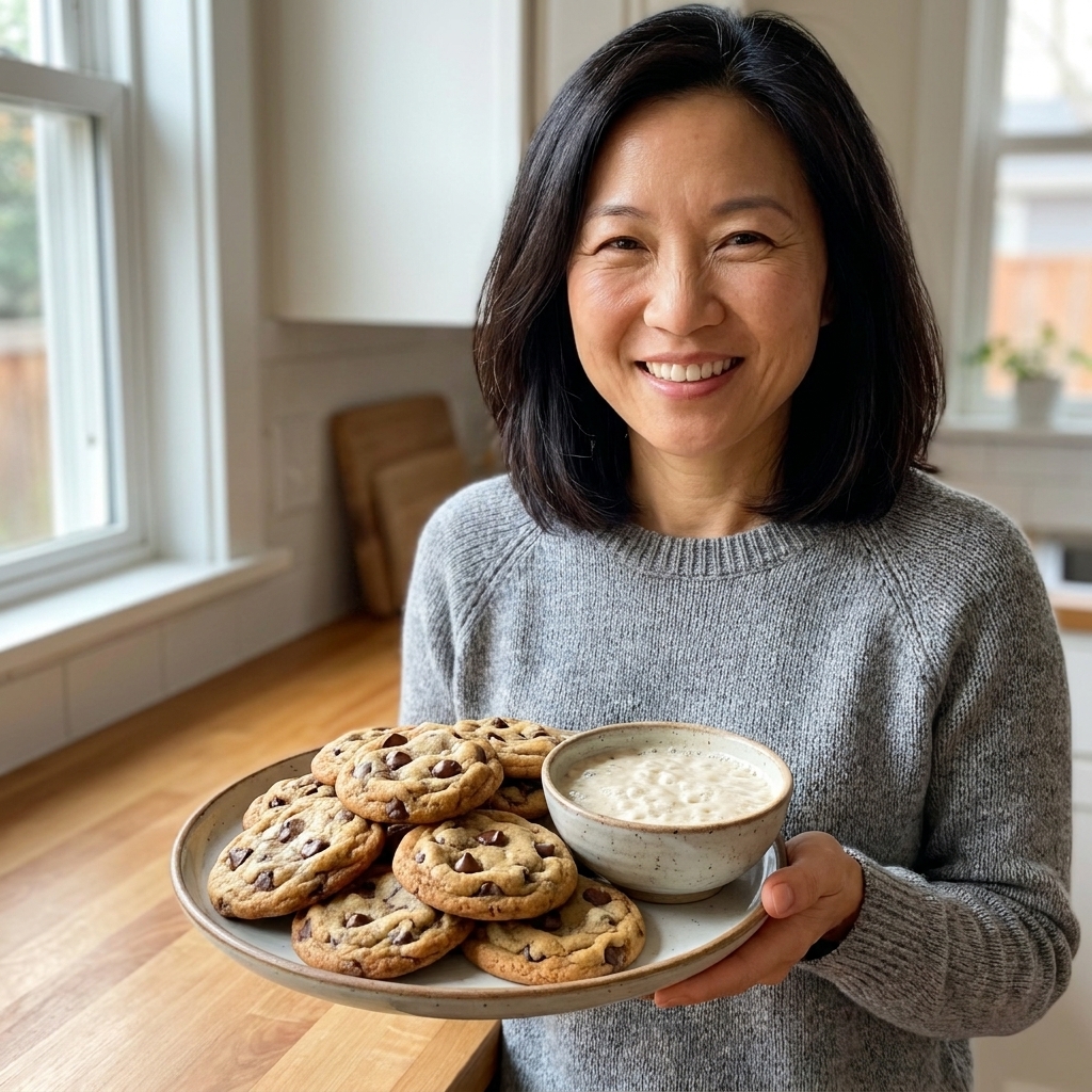 A stack of chewy chocolate chip cookies on a plate with a small bowl of sourdough discard on the side