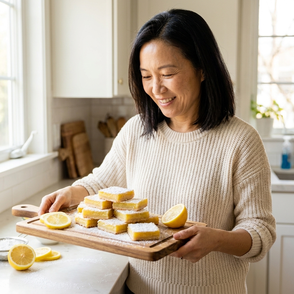 A stack of dairy-free lemon bars dusted with powdered sugar on a wooden board with lemon slices nearby