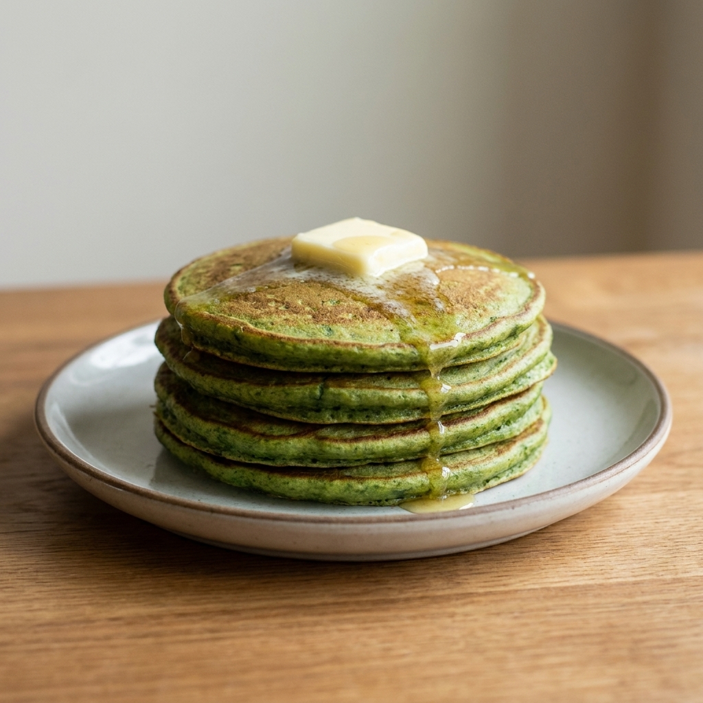 A stack of green-tinted spinach banana pancakes on a plate with a pat of butter melting on top