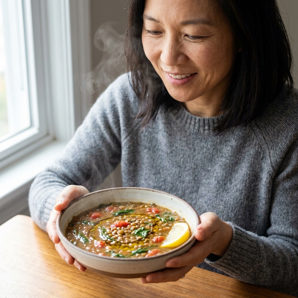 A steaming bowl of lentil soup with tomatoes and greens, finished with a drizzle of olive oil and a lemon wedge