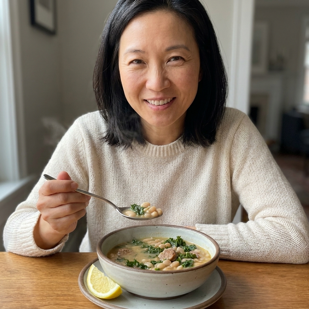A steaming bowl of white bean and sausage soup with chopped kale and a lemon wedge on the side