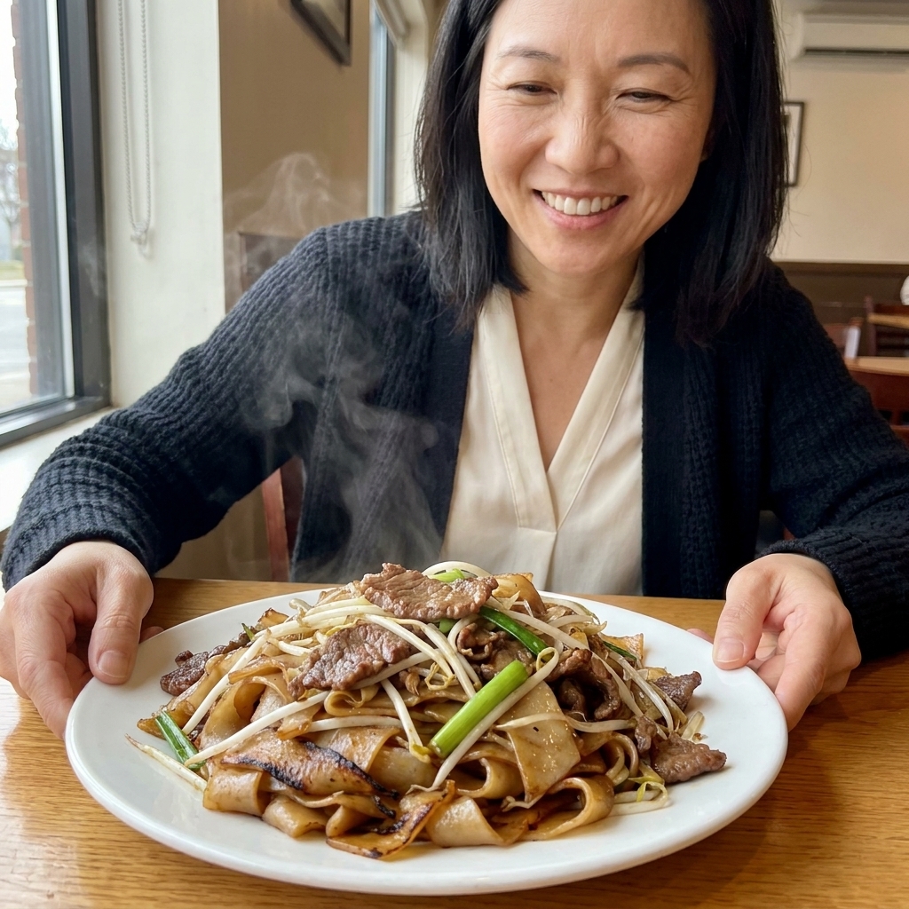 A steaming plate of beef chow fun with wide rice noodles, sliced beef, scallions, and bean sprouts, with a few charred noodle edges visible