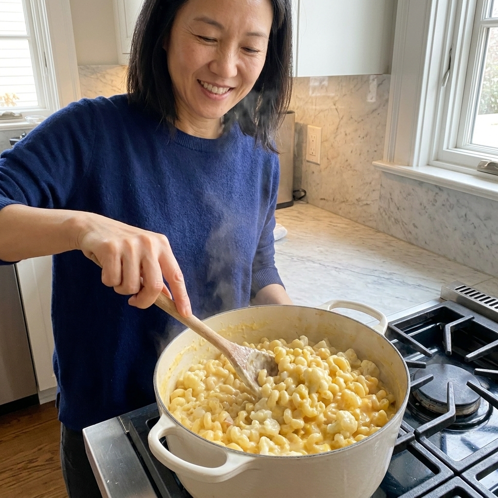 A stovetop pot of creamy mac and cheese with small cauliflower florets mixed in, a wooden spoon stirring