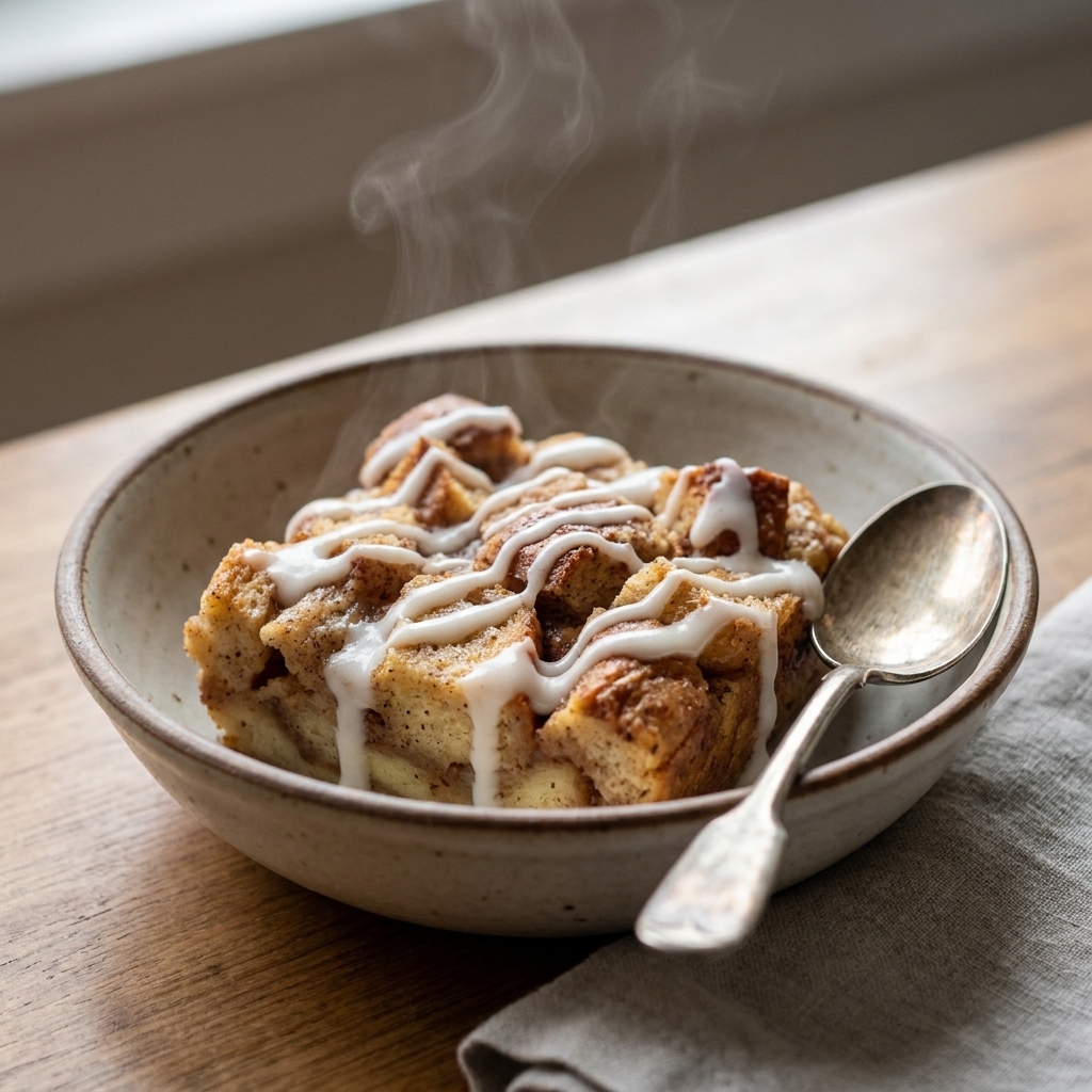 A warm scoop of cinnamon bread pudding in a bowl with a drizzle of dairy-free icing and a spoon on the side