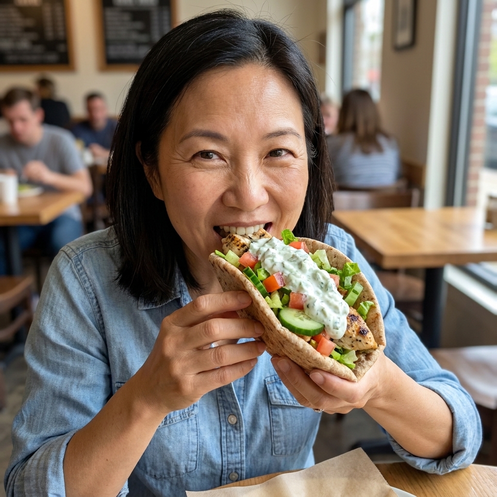 A warm whole wheat pita stuffed with oregano chicken, cucumbers, tomatoes, lettuce, and a generous spoonful of tzatziki