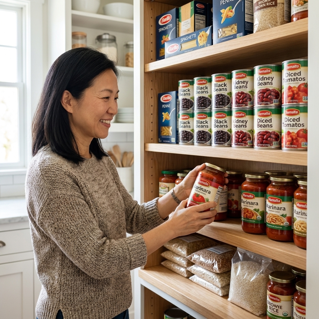 A well-lit pantry shelf with neatly arranged canned beans, canned tomatoes, pasta boxes, rice, and jars of sauces in a real home kitchen