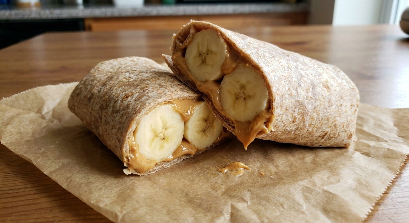 A whole wheat tortilla wrap sliced in half, filled with banana and peanut butter, sitting on parchment paper