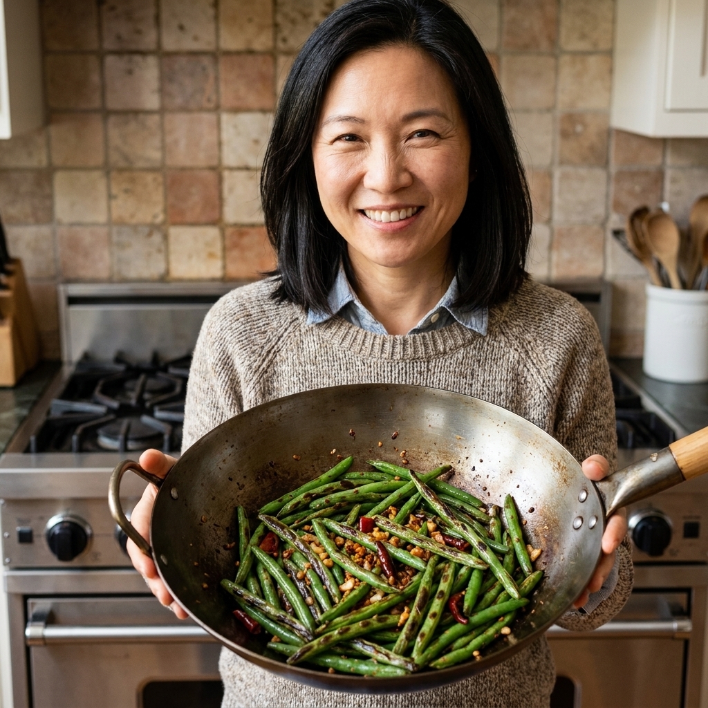 A wok filled with blistered dry-fried green beans with browned spots and bits of garlic and chili