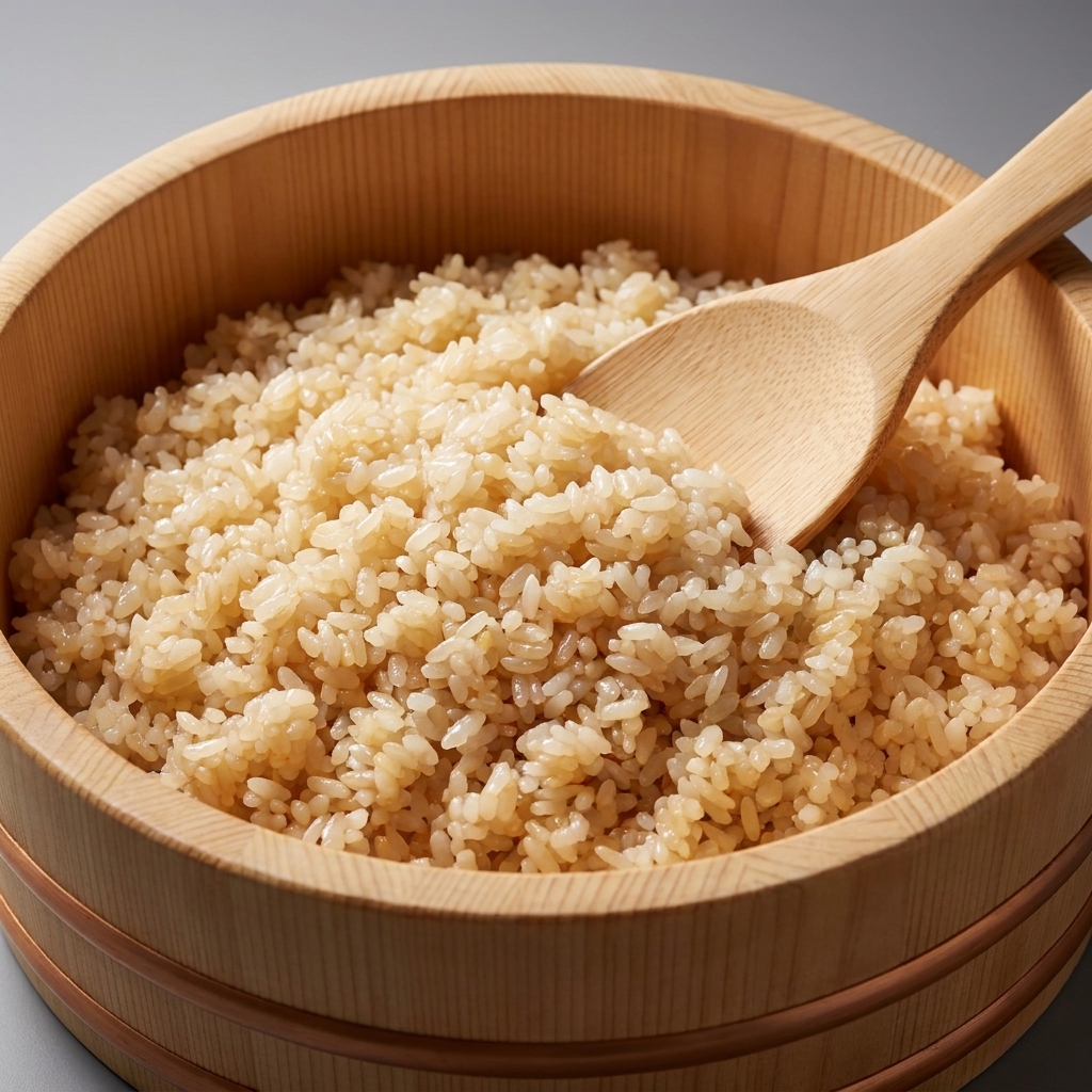 A wooden bowl of glossy seasoned sushi rice with a rice paddle resting inside, grains looking fluffy and distinct