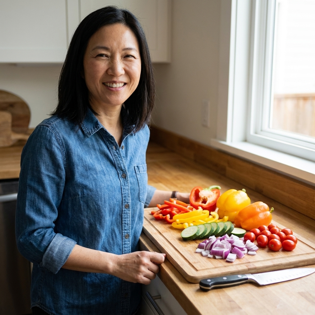 A wooden cutting board covered with fresh vegetables including bell peppers, zucchini, red onion, and cherry tomatoes beside a chef’s knife on a kitchen counter