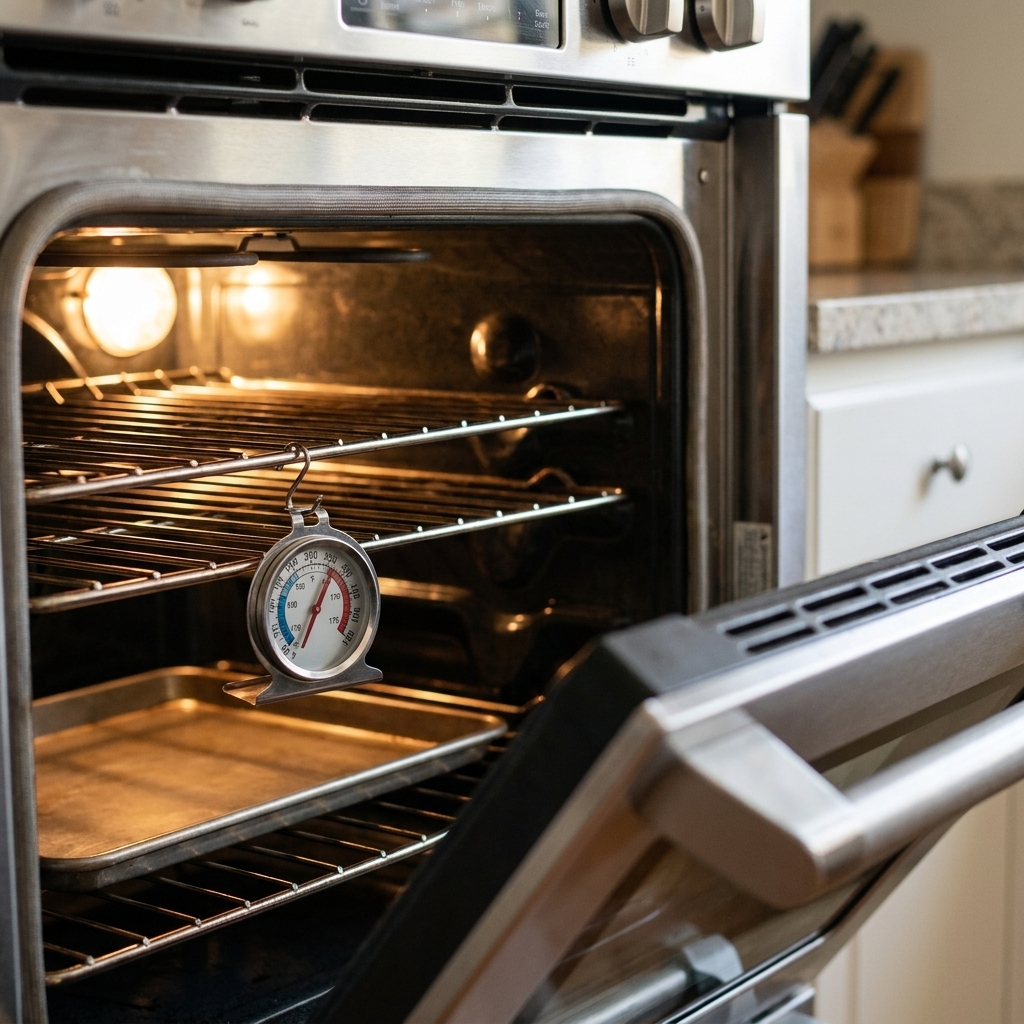 An oven thermometer hanging from a rack inside a home oven with the door open, showing a clear temperature reading