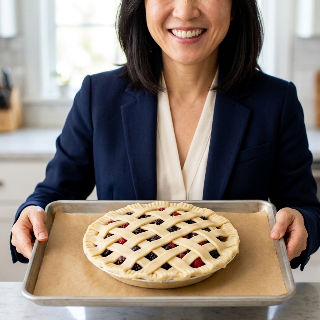 An unbaked fruit pie with a woven lattice crust on top, sitting on a parchment-lined baking sheet