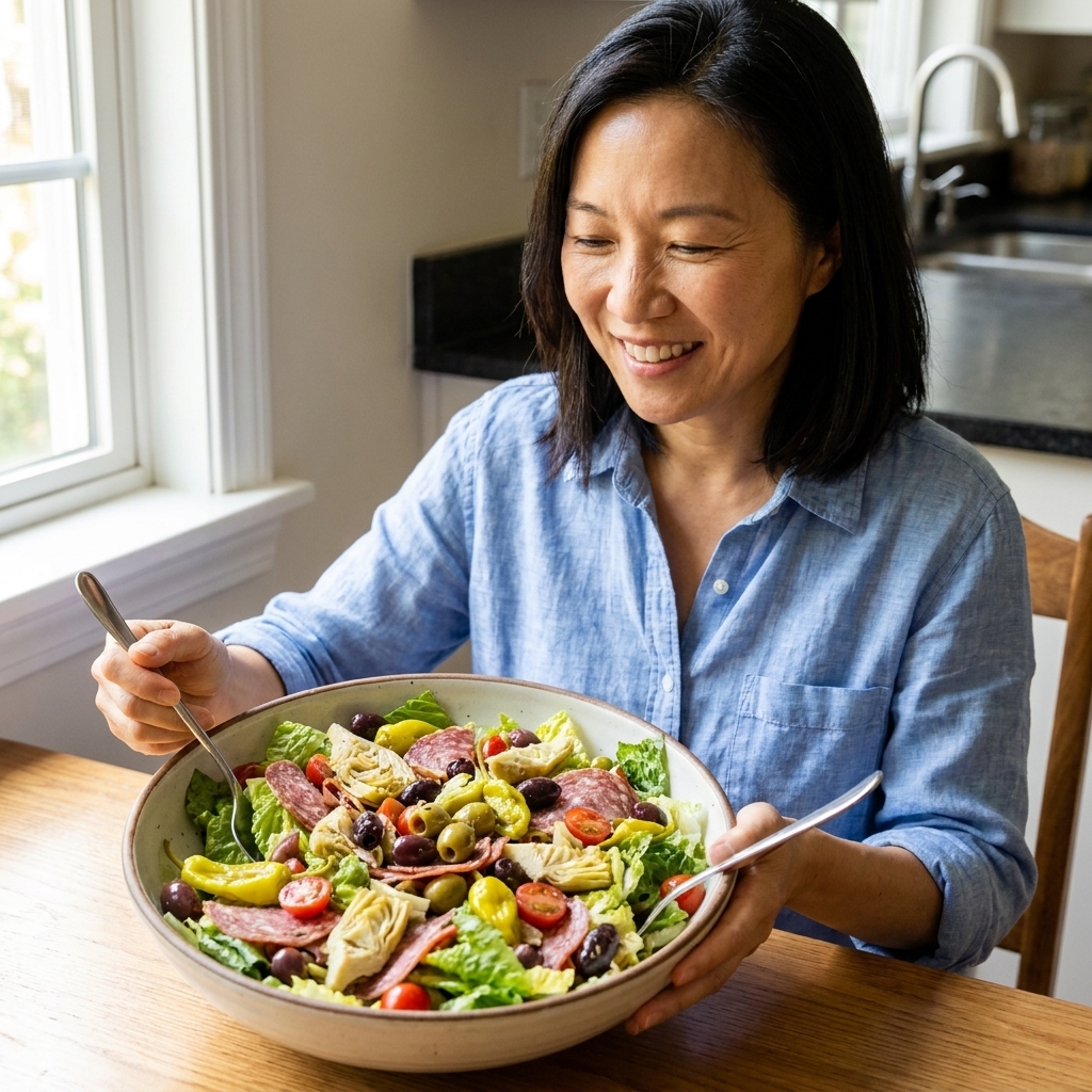Antipasto salad with romaine, salami, olives, artichokes, tomatoes, and pepperoncini in a large salad bowl