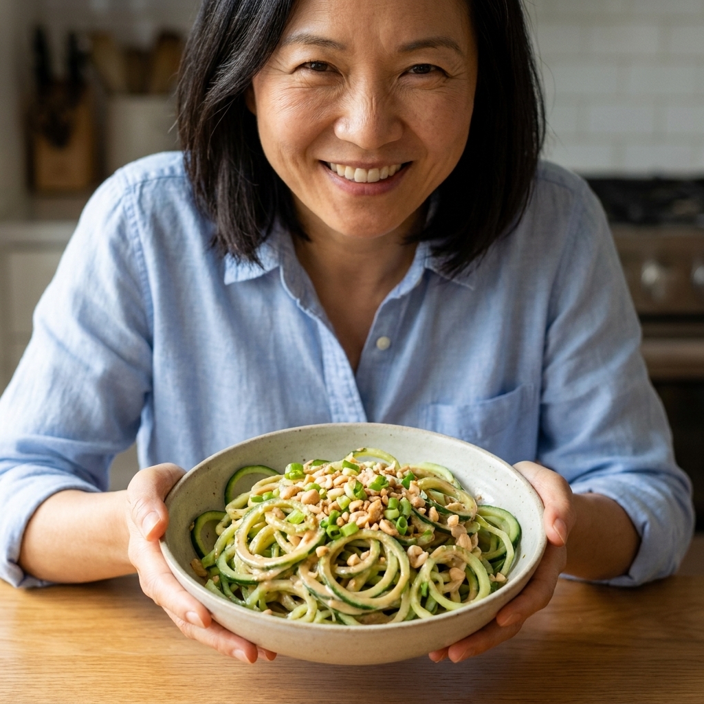 Bowl of cucumber noodles tossed in sesame dressing, topped with sliced scallions and crushed peanuts