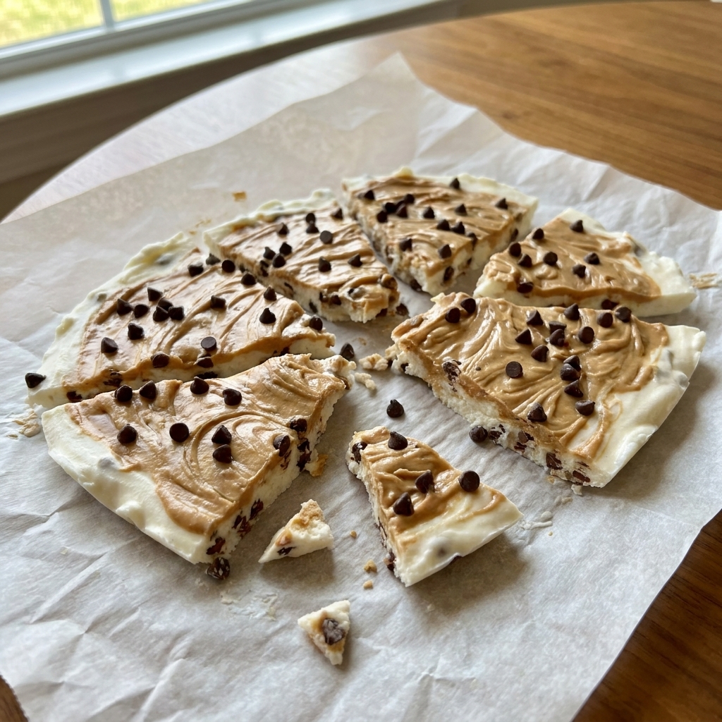 Broken pieces of frozen yogurt bark with chocolate chips and peanut butter swirls on parchment paper