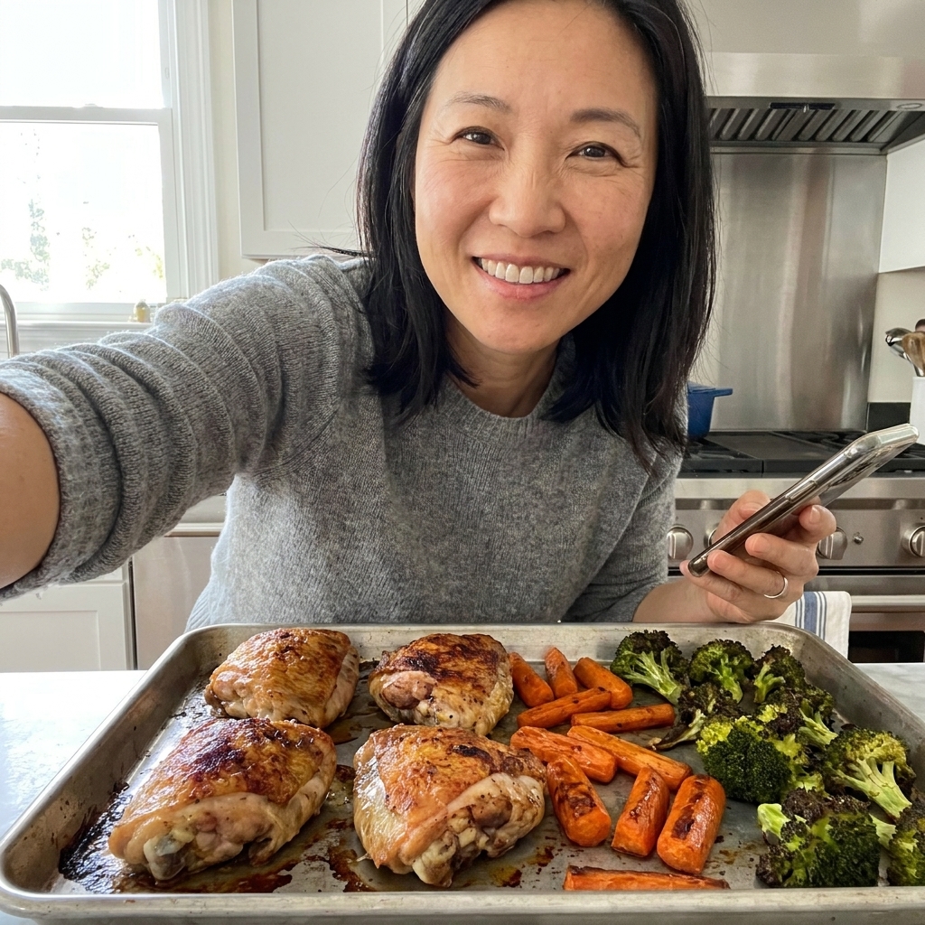 Chicken thighs roasting on a sheet pan alongside carrots and broccoli with caramelized edges
