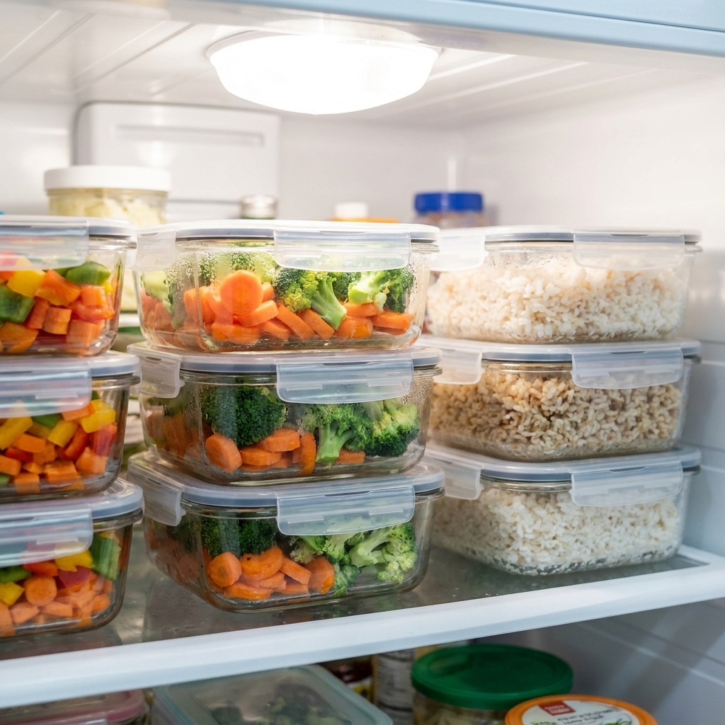 Clear glass containers with chopped vegetables and cooked rice neatly stacked on a refrigerator shelf
