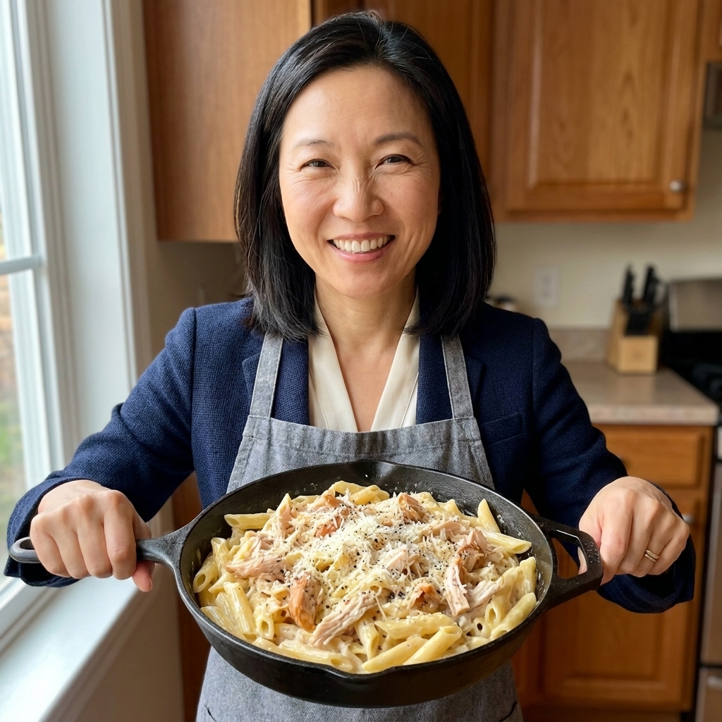 Creamy chicken pasta in a skillet with shredded rotisserie chicken, grated parmesan, and cracked black pepper on top