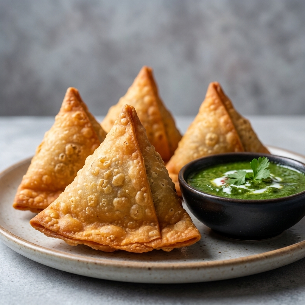 Crisp golden potato samosas on a plate with green chutney in a small bowl