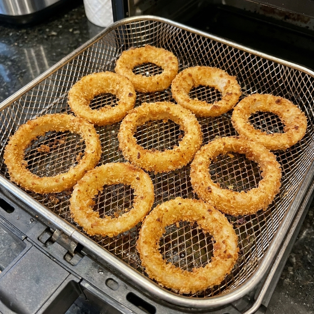 Crispy golden onion rings arranged in a single layer inside an air fryer basket, with browned crumb coating