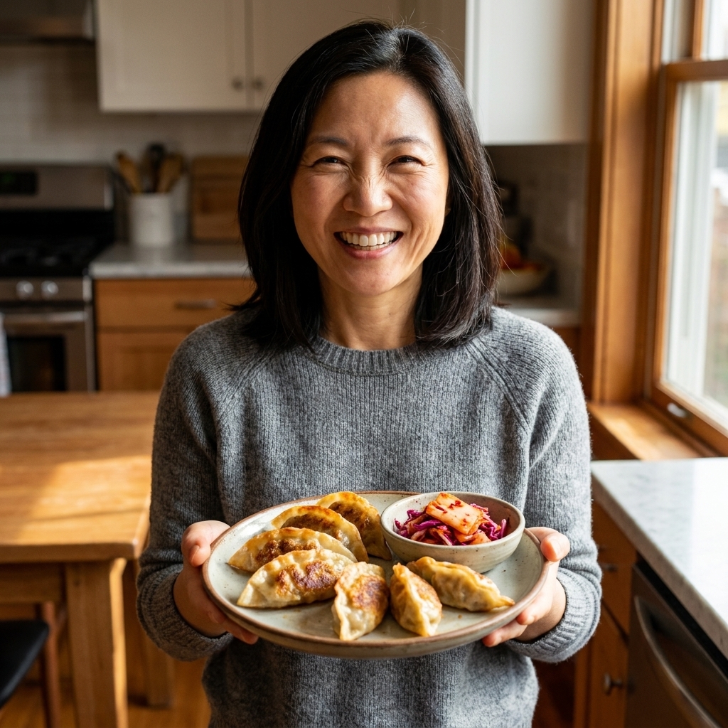 Crispy pan-fried Korean mandu dumplings served on a plate with a small side of kimchi