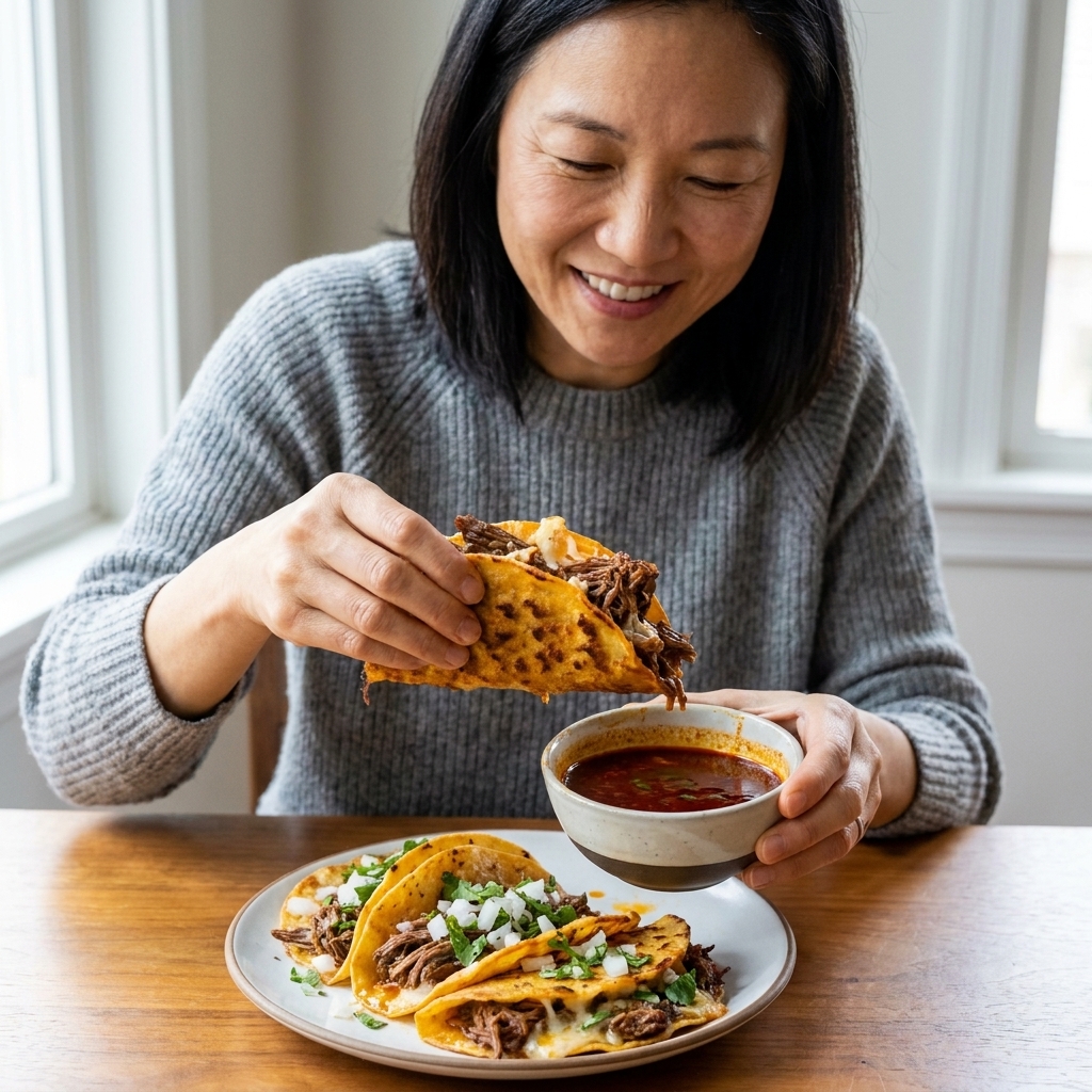 Crispy quesabirria tacos filled with shredded beef and melted cheese on a plate, with a small bowl of deep red consomé for dipping