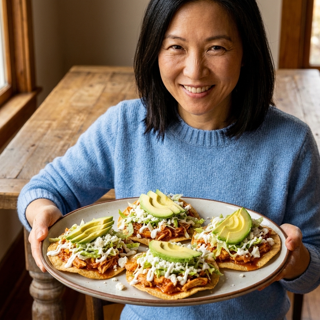 Crispy tostadas topped with chicken tinga, shredded lettuce, crumbled cheese, crema drizzle, and sliced avocado on a platter