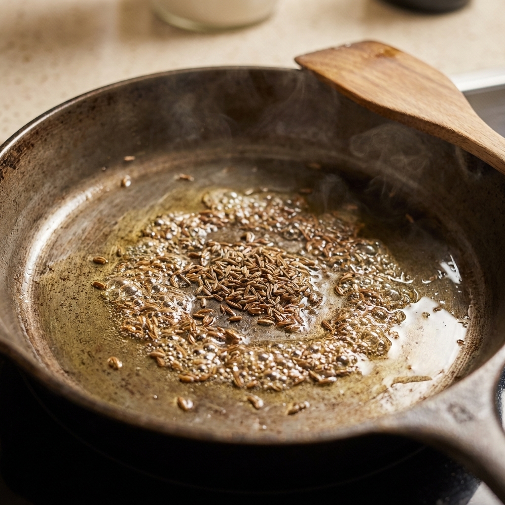 Cumin seeds sizzling in melted ghee in a skillet, with small bubbles forming around the seeds as they toast