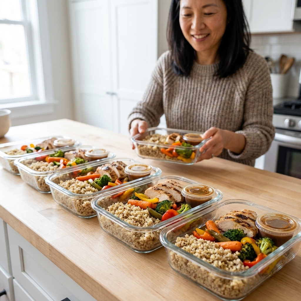 Five clear lunch containers on a kitchen counter filled with quinoa, roasted vegetables, sliced chicken, and a small cup of sauce