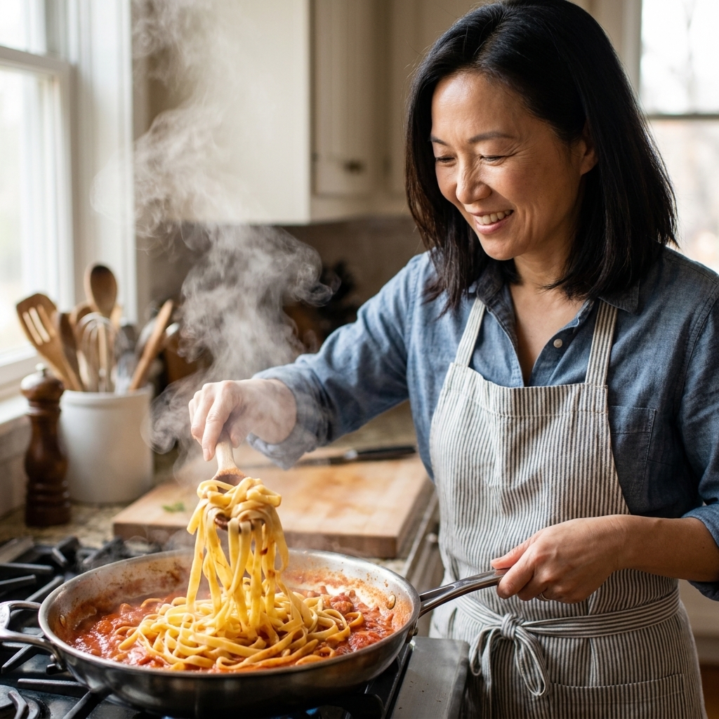 Fresh cooked pasta being tossed in a sauté pan with sauce, with steam rising and a wooden spoon stirring