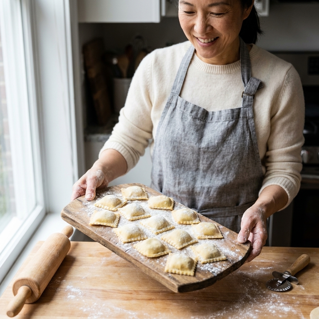 Fresh homemade ravioli arranged on a floured wooden board with a rolling pin nearby