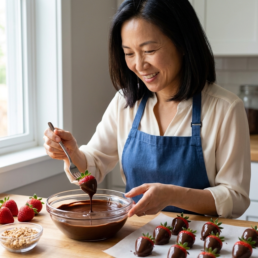 Fresh strawberries being dipped into a bowl of tempered chocolate with a fork, with parchment paper nearby for setting
