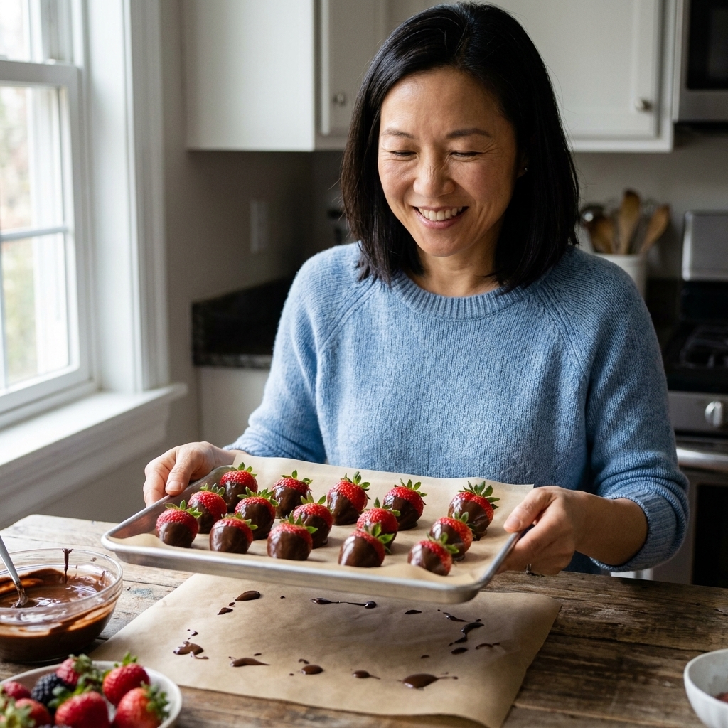 Fresh strawberries dipped in melted chocolate resting on parchment paper with chocolate drips nearby