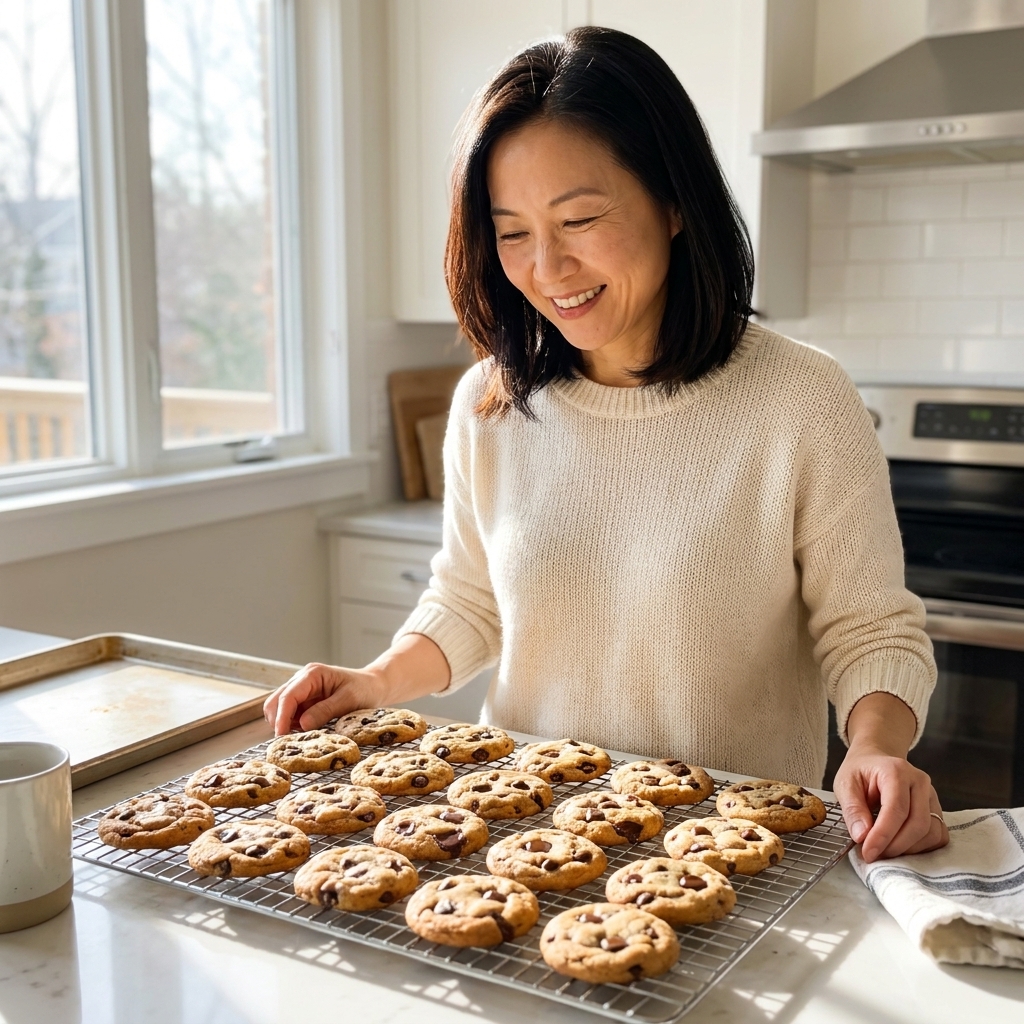 Freshly baked gluten-free chocolate chip cookies cooling on a metal rack in a bright home kitchen