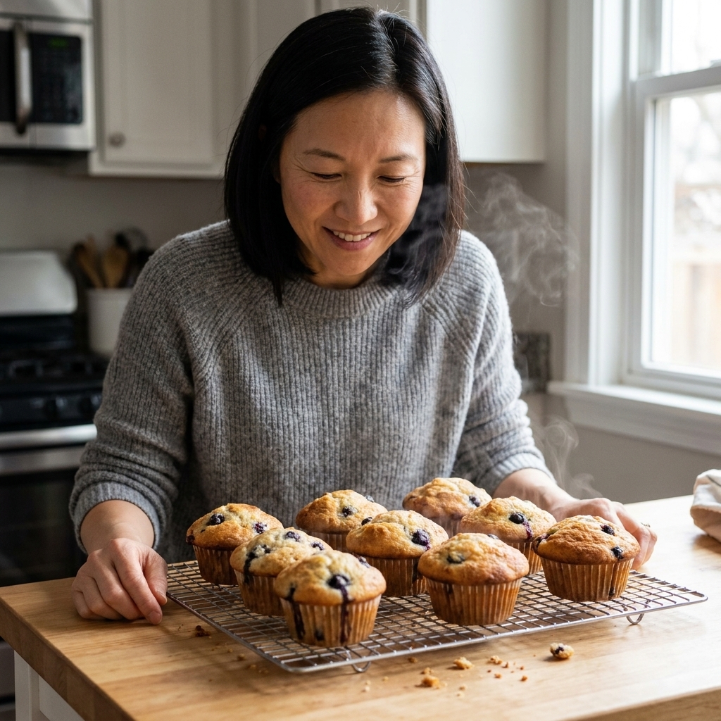 Freshly baked muffins cooling on a wire rack on a kitchen counter, with a few crumbs scattered nearby