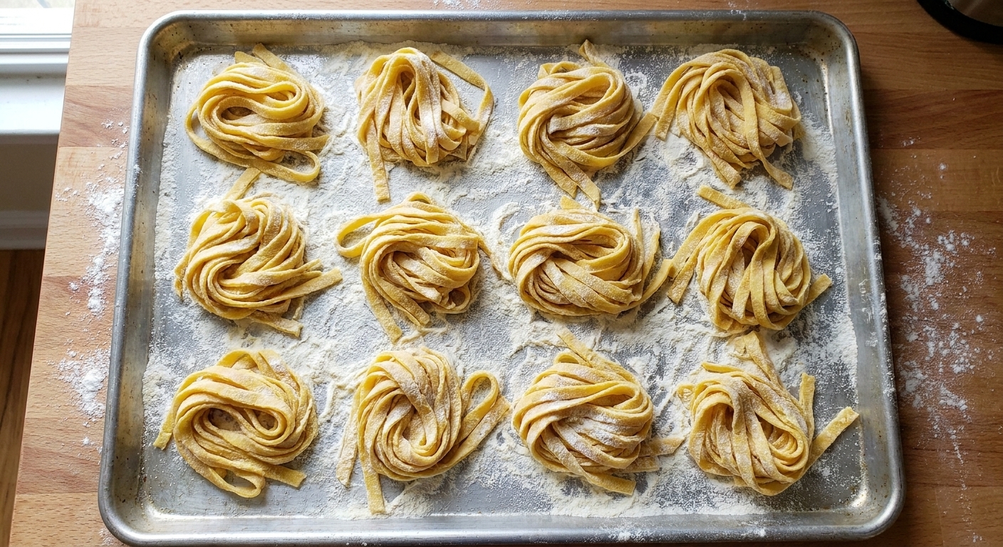 Freshly cut tagliatelle formed into loose pasta nests on a floured sheet pan