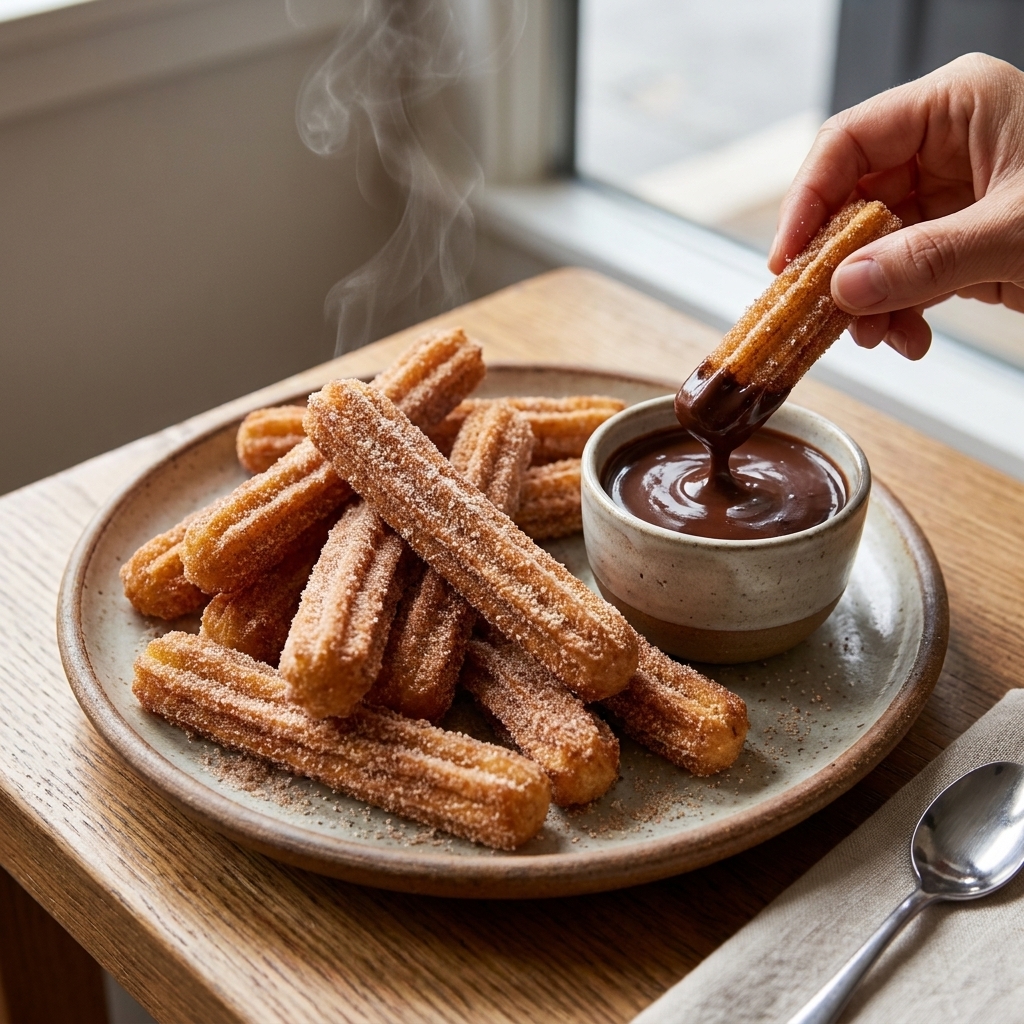 Freshly fried churros coated in cinnamon sugar stacked on a plate with a small cup of thick chocolate sauce