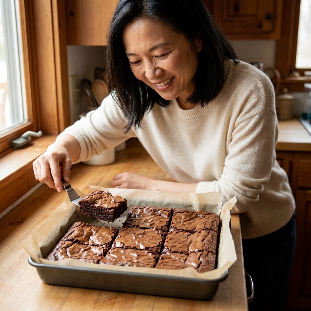 Fudgy Nutella brownies cut into squares in a lined baking pan with a slightly crackly top